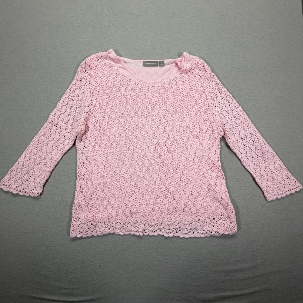 Croft‎ & Barrow Crochet Sweater Women L Good Pink V-Neck 3/4 Sleeve Knit Top